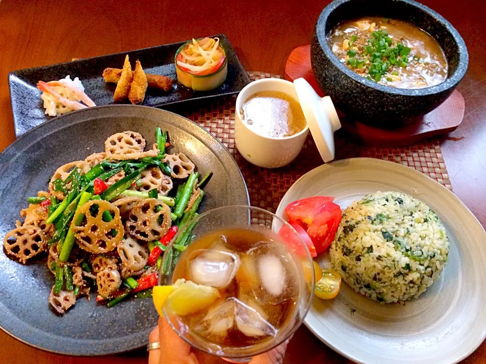 Today's Dinner🍴前菜･蓮根と韮のたらこｶﾞｰﾘｯｸ金平･麻婆豆腐･翡翠炒飯･もやしのｽｰﾌﾟ|🌈Ami🍻さん