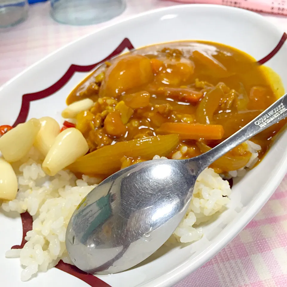 普通のカレーライス まゆさんさんの料理 らっきょう 醸造酢と黒酢の2種|まゆさんさん