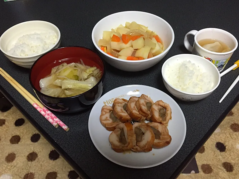 ごぼうチキン巻き・野菜スープ・肉じゃが|うるしちかさん