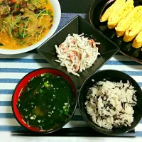 Snapdishの料理写真:✡麻婆春雨✡出汁巻き卵✡ごぼうサラダ✡ひじきご飯✡しじみ汁|もこハムさん