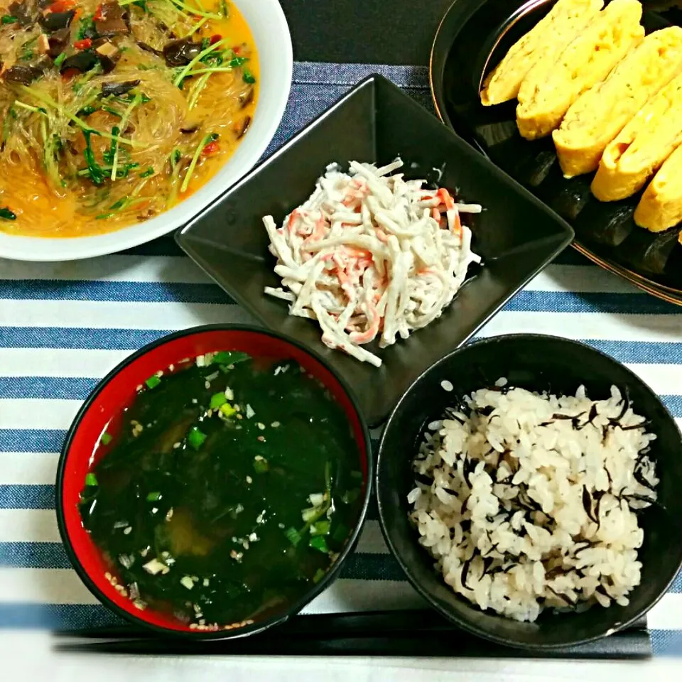 ✡麻婆春雨✡出汁巻き卵✡ごぼうサラダ✡ひじきご飯✡しじみ汁|もこハムさん