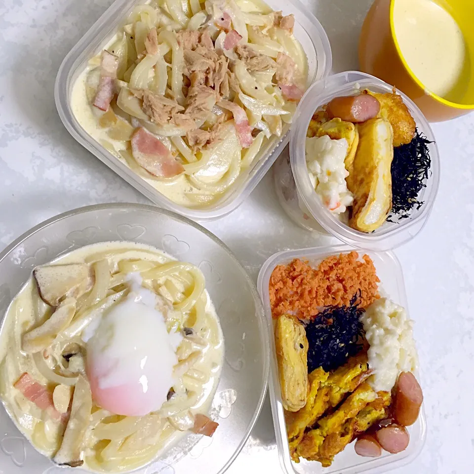 カルボナーラスープうどん♡カレーピカタ弁当♡|湊叶ママさん