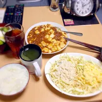 主人の手作り麻婆豆腐とポテサラとたまごサラダと浅漬け|でめきんさん