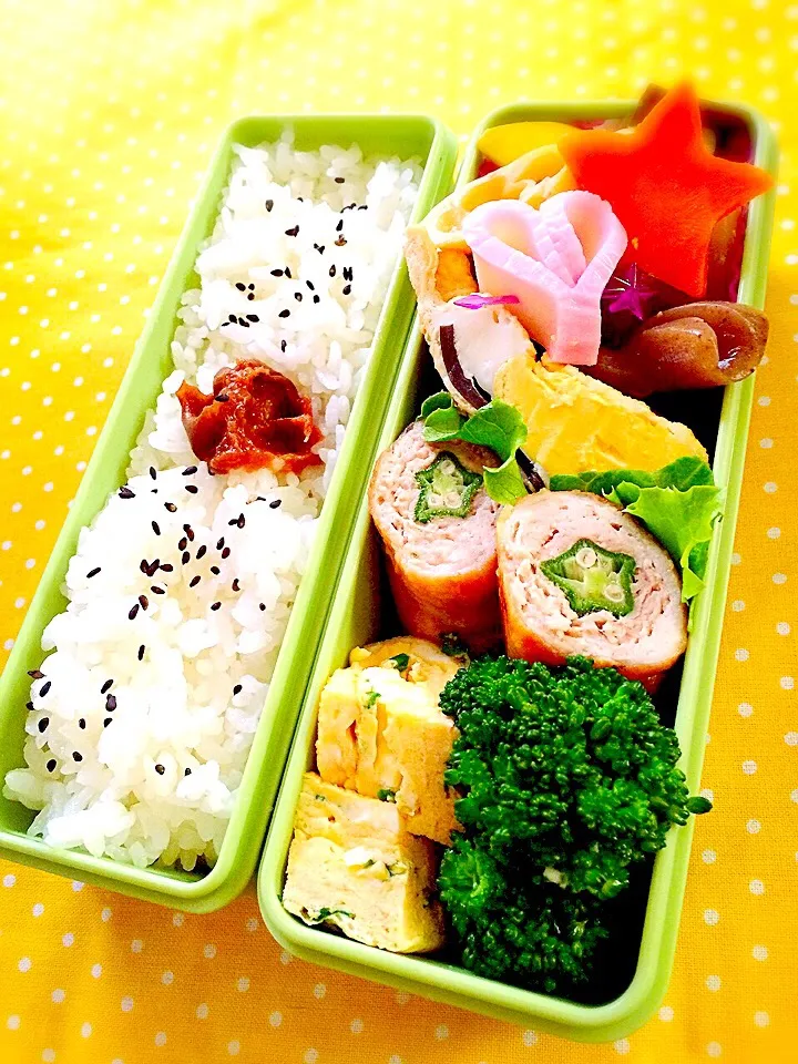 Snapdishの料理写真:今日のお弁当6/10♡オクラの豚肉巻き・ハチクとこんにゃく・卵の袋煮(*^^*)|ばろんさん