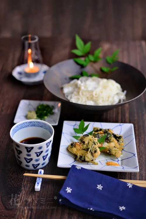 「帆立アスパラ掻揚げと半田素麺、我が家の麺つゆ」 #花ヲツマミニ|ほ助さん