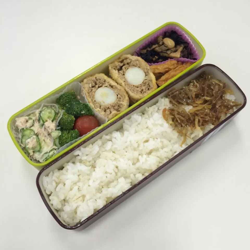 弁当（スコッチエッグ、玉ねぎ天、五目ひじき、サラダ、ちりめん生姜）|SasaMasa213さん