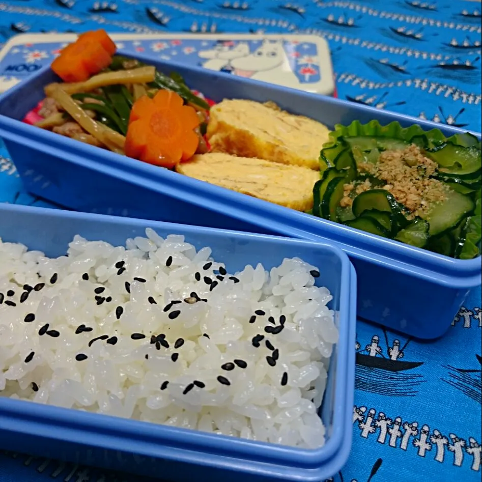 お弁当
ごまごはん、青椒肉絲、卵焼き、きゅうりの浅漬け、人参|さっちんさん