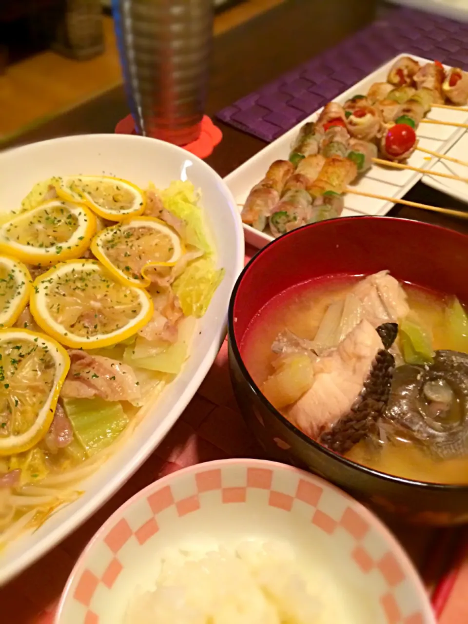 レモン風味の豚肉白菜もやし蒸し、魚汁、お家焼き鳥|イツキさん