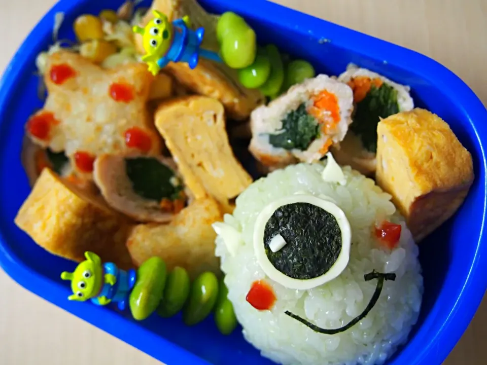 Snapdishの料理写真:長男の大好きなモンスターズインク！マイクおにぎり弁当♪|naoさん