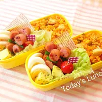 Snapdishの料理写真:〜今日のお弁当〜チキンライス。ウインナーとインゲンソテー。海苔塩粉ふきいも。ゆで卵。|Brendaさん