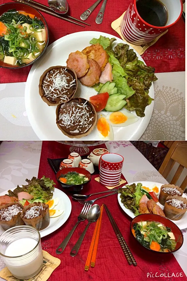 Banana chocolate muffin with chocolate butter cream and coconuts flakes on topping , mixed veggies, fried sausage with egg , hard boiled egg and Japanese miso s|Babyluv Cabrera Ocampoさん