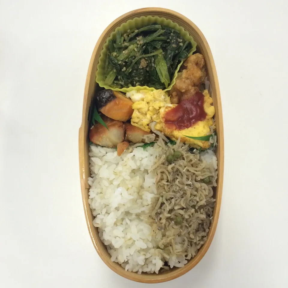 Snapdishの料理写真:弁当（アジ味醂、塩鮭、オムレツ、唐揚げ、ほうれん草胡麻和え、ちりめん山椒）|SasaMasa213さん