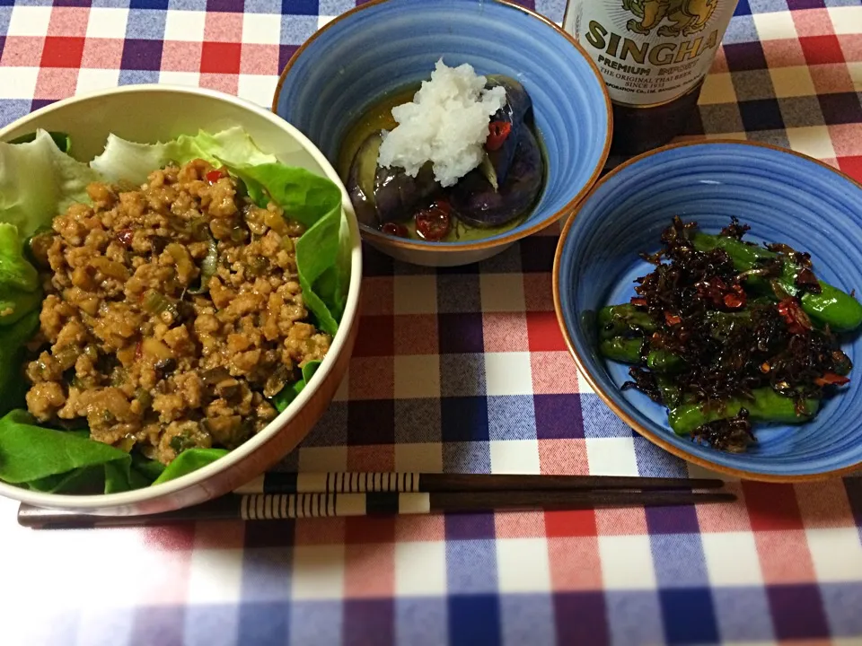 肉味噌丼、なすの揚げ浸し、ししとうとじゃこ炒め3Japanese foods !|Hiroさん