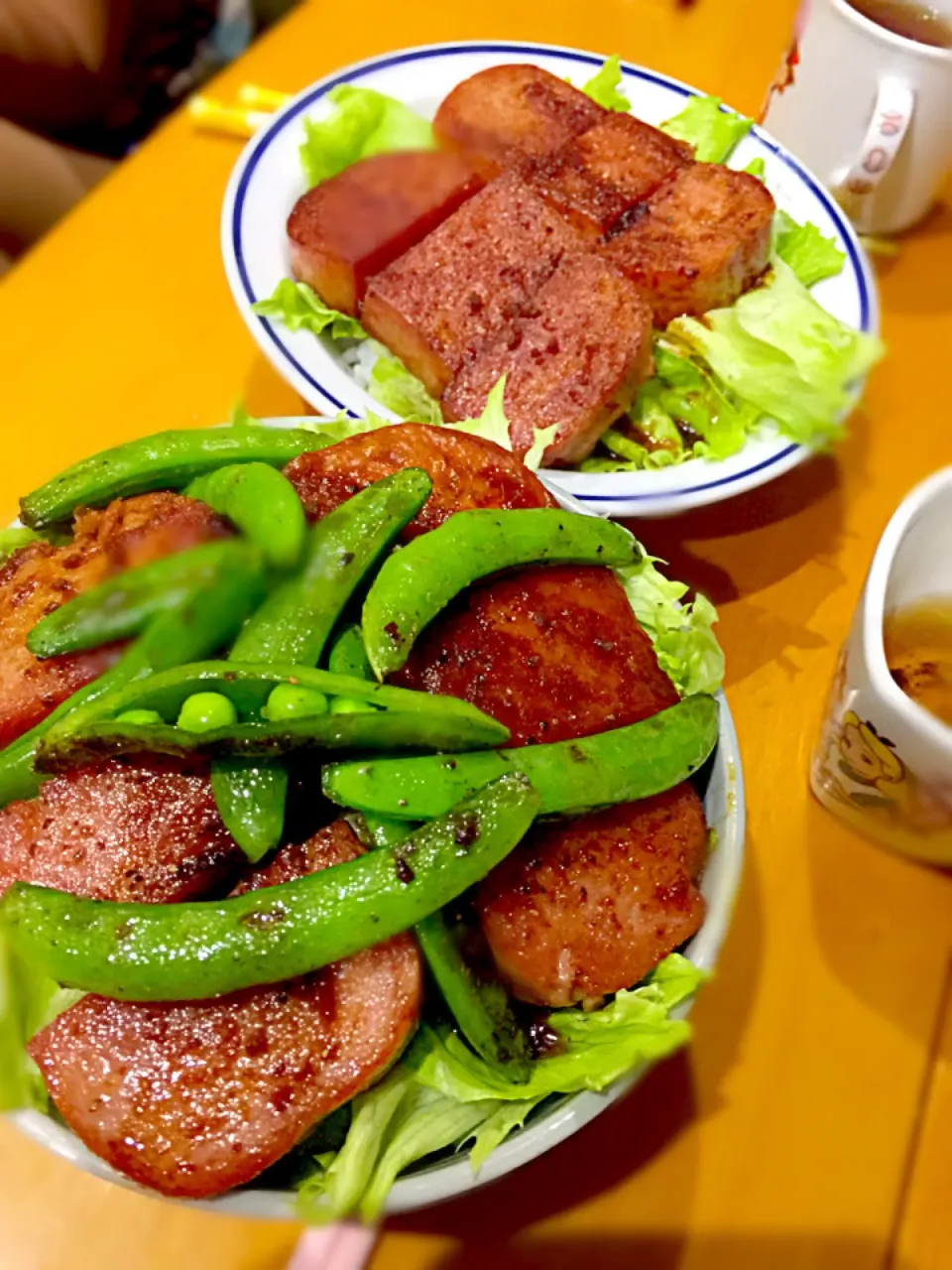 スパム丼  ガーリックバター醤油だれ  スナップエンドウ   ダージリンティー|ch＊K*∀o(^^*)♪さん