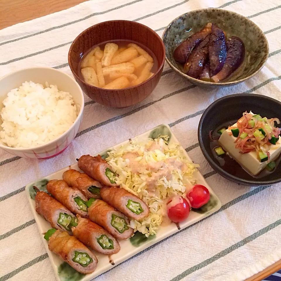 オクラの豚肉巻き＆茄子の煮浸し＆みょうがときゅうり乗せ冷奴|ゆーみんさん