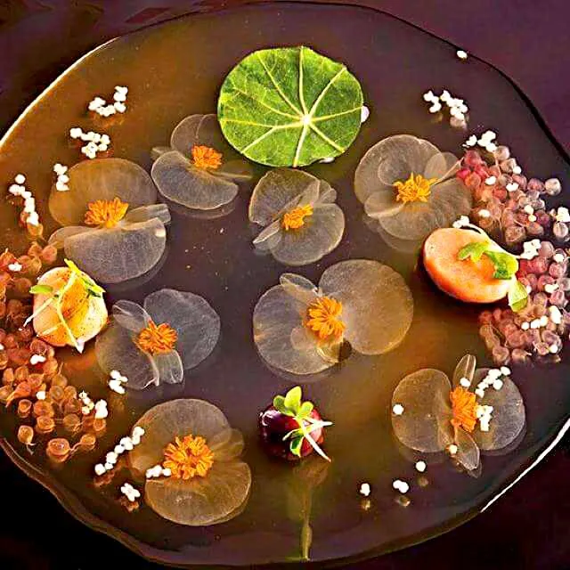 water lilies soup with a floral broth of jasmine tea and mandarin orange blossoms, white begonia flowers, and multicolored freeze-dried fresh nut pulp|CHUENCHAIさん