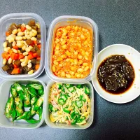 常備菜(煮豆,大豆のトマト煮,手綱こんにゃくの甘辛煮,オクラのおかか和え,オクラの錦糸和え)|管理栄養士 chanmanさん