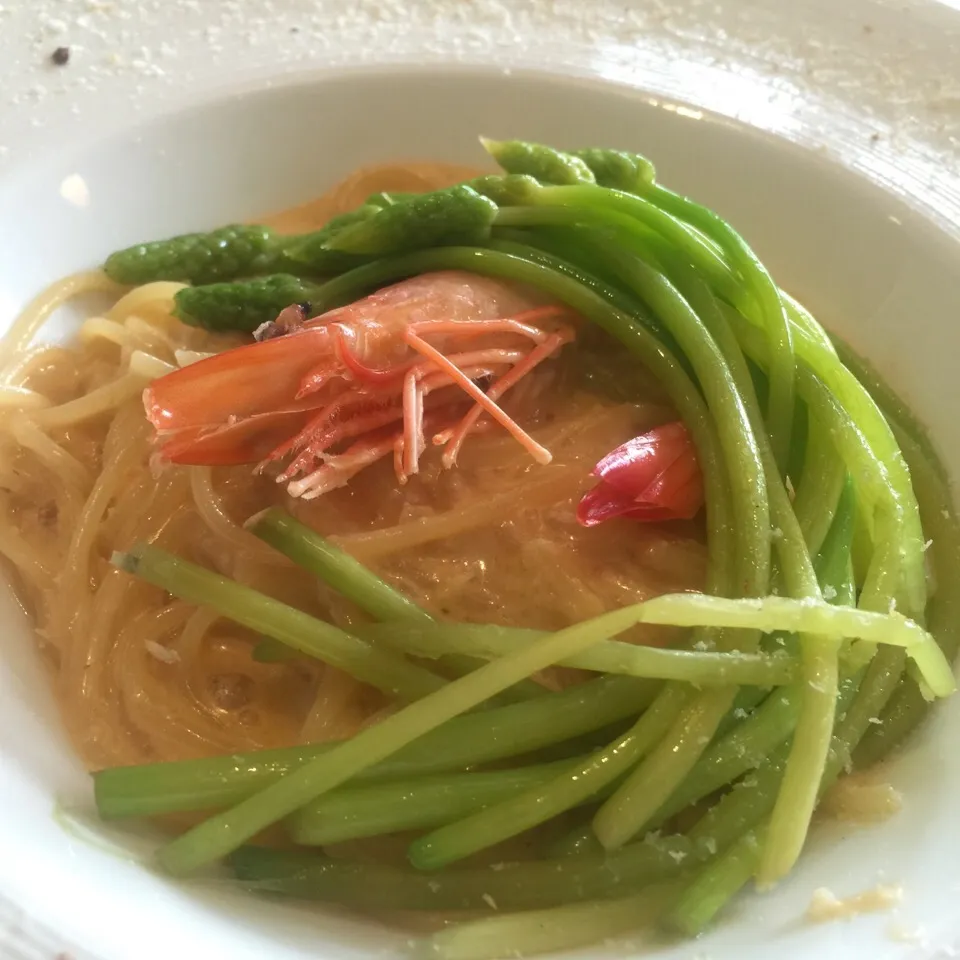 Snapdishの料理写真:福岡市のイタリアンレストラン「イルボッコーネ」野生アスパラと海老のパスタ|織友さん