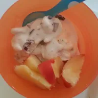 Toddler dessert. Home made cherry chocolate chip ice cream with sliced peaches.
#homemade #icecream #chocolate #cherry #peach|Kira Sさん