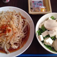 サラダ(水菜・島豆腐・湯葉刺し・麦とろ納豆)、蕎麦(もやし・えのき・生姜トッピング)|MKHIKK717さん