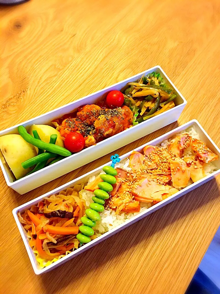 Snapdishの料理写真:パパのお弁当    残りの鶏肉トマト煮   切干し大根  豚肉青椒肉絲|nanaママさん