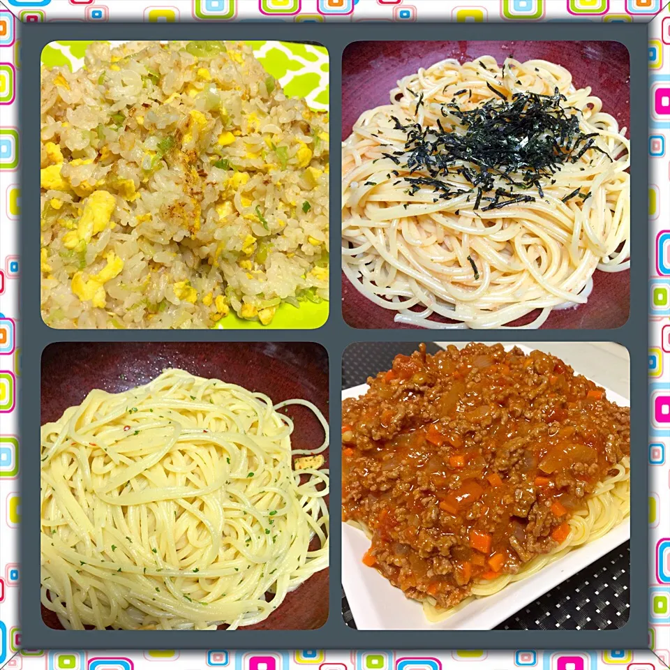 Snapdishの料理写真:パスタ3種☆残りご飯でシンプル卵炒飯|MEGUMIさん