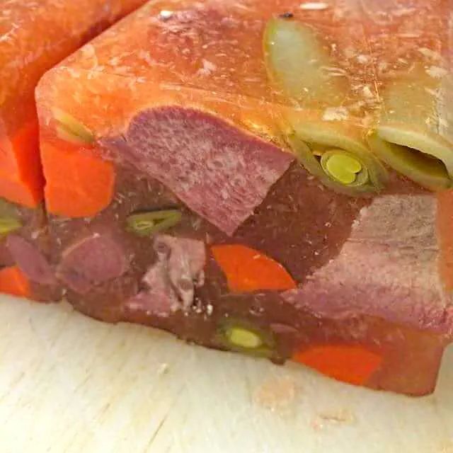 Beef Tongue Terrine Set in Tomato-Horseradish Gelee with carrots and snap peas|CHUENCHAIさん