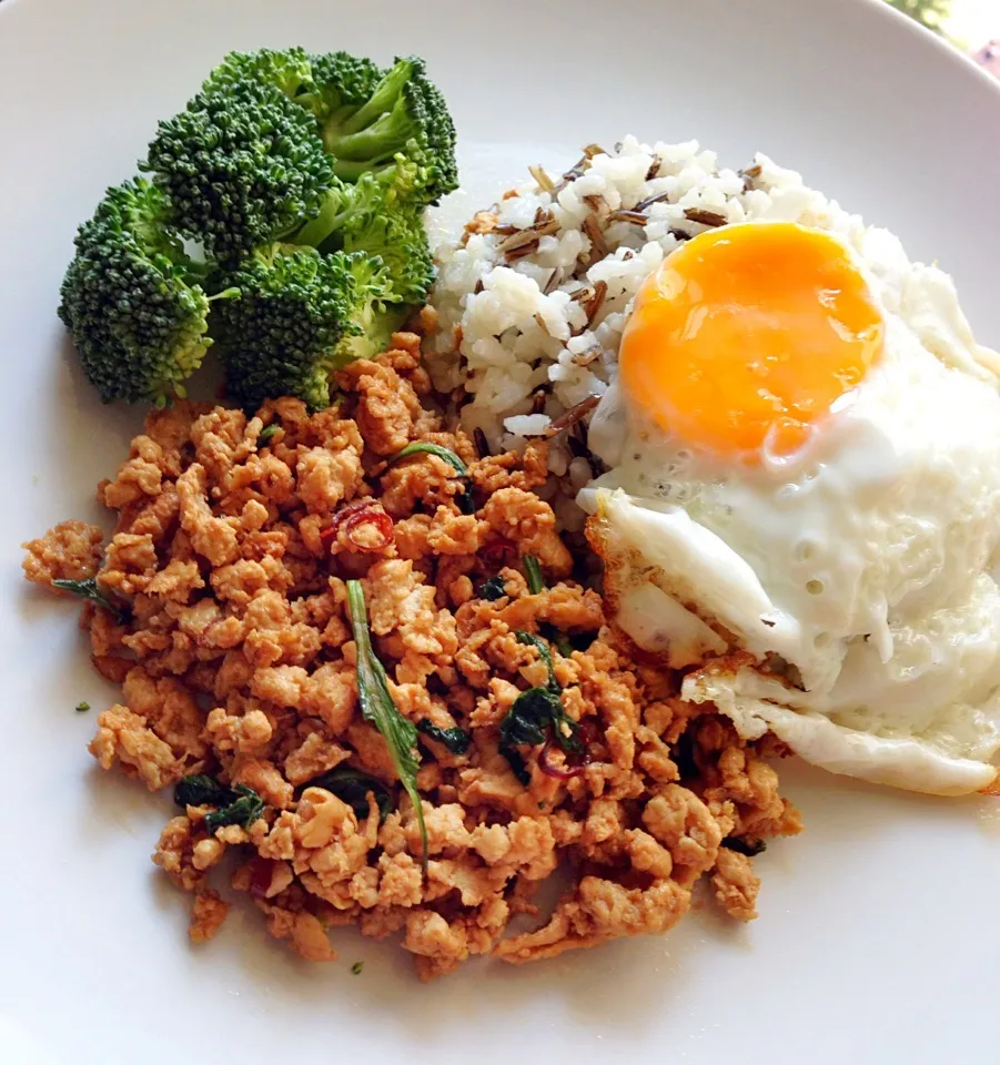 Snapdishの料理写真:Thai basil chicken with rice, fried egg and broccoli|coxiella24さん