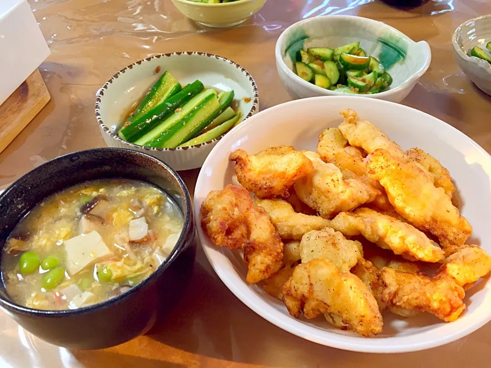 鶏天、七彩豆腐羹、キュウリのおかか和え、キュウリのゴマ油醤油麹和え|yasさん