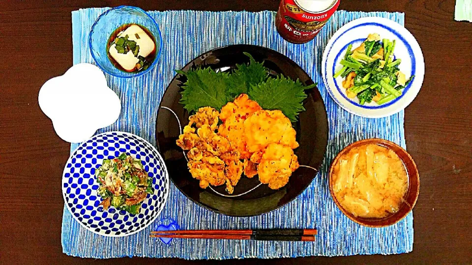 紫蘇でさっぱり♪しめじ&鶏天定食🌌|pikyuさん