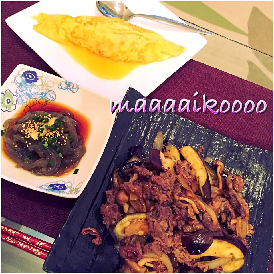 Snapdishの料理写真:牛肉茄子炒め✴︎フジッコのお豆さんオムレツ✴︎糸島産おきゅうと|マイコさん