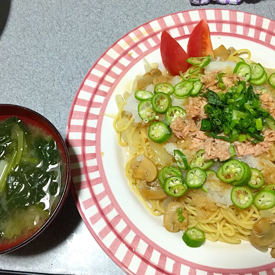 大おくらシーチキンおろしスパゲッティ(ポン酢味、途中からゴマだれも)、ジャガイモ小松菜味噌汁|ms903さん