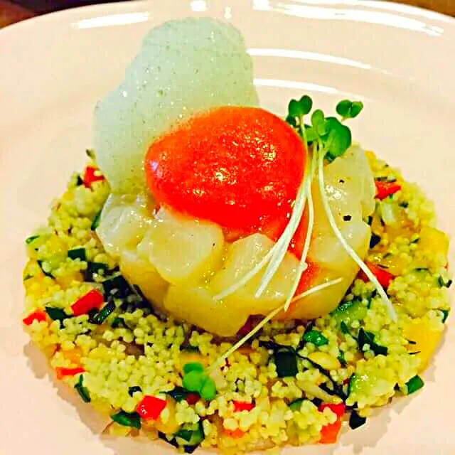 Watermelon #couscous #cilantroHokkaido scallop tartare, couscous salad, watermelon sphere, cilantro air and wasabi cress|CHUENCHAIさん