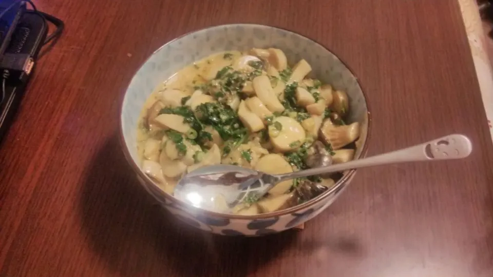 Poêlée de champignons et sa crème au paprika sur un bol de riz

Mixed fried mushrooms and its paprika cream

混合揚げキノコとパプリカのクリーム 丼|Antoine Blancさん