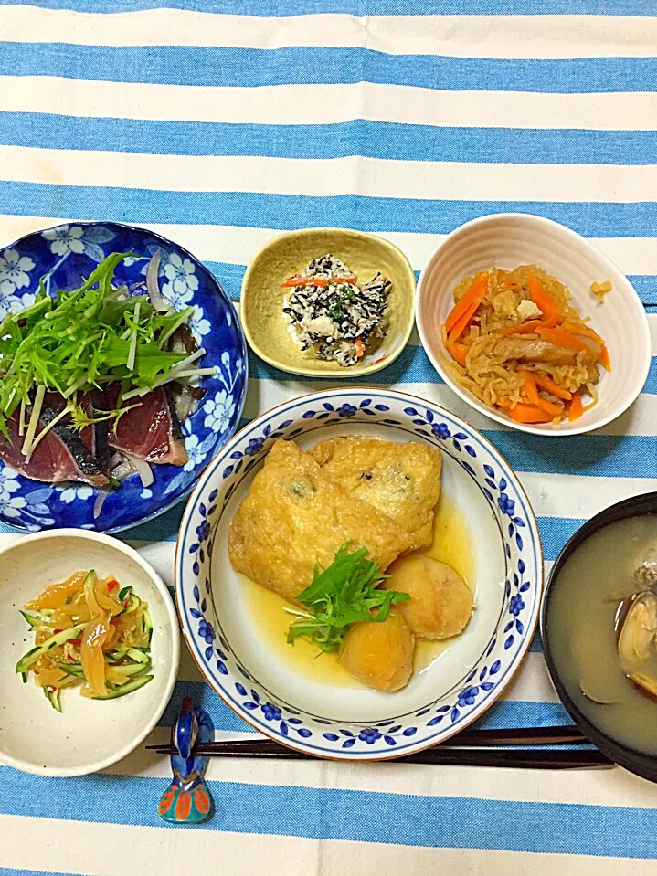 昨日の晩御飯    袋煮じゃが#カツオのたたきマリネ|ようこさん