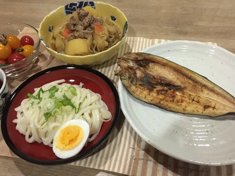 ホッケ開き・冷やしぶっかけウドン・肉じゃが・ミニトマト〜6月16日晩ご飯|まーままさん