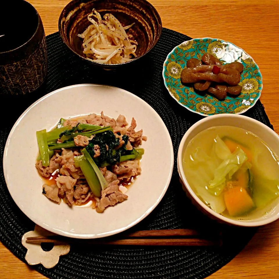 豚肉小松菜のニンニクポン酢炒め/こんにゃく炒め煮//もやしナムル/かぼちゃキャベツスープ|lotusさん