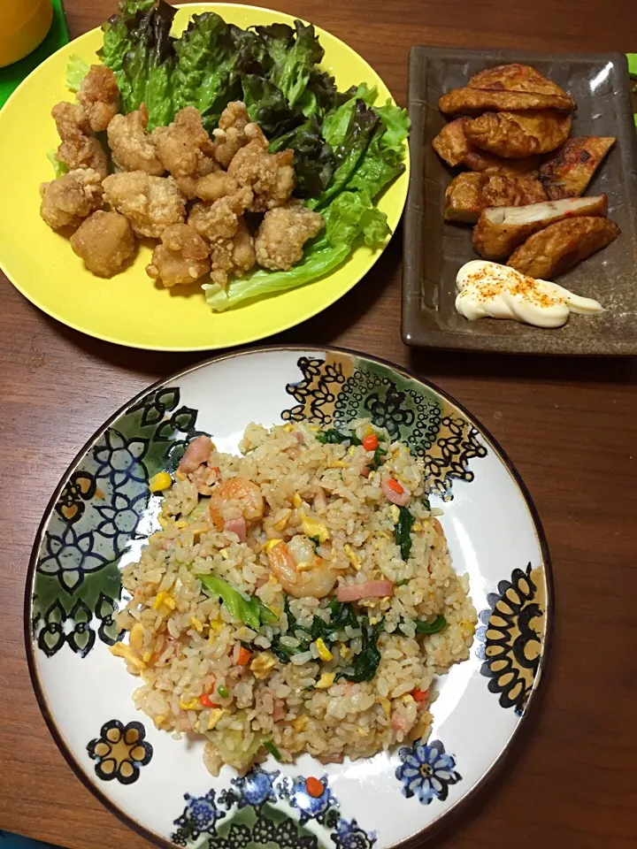 #エビとレタスのチャーハン#野菜天#鳥の竜田揚げ|Mami Kitamuraさん