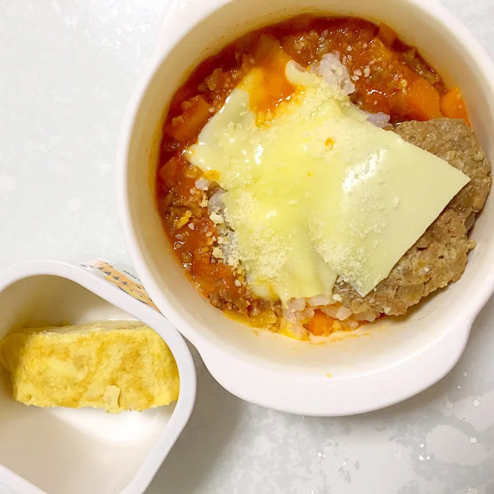 自家製ミートソースオンハンバーグドリア♡長ネギの卵焼き♡|湊叶ママさん