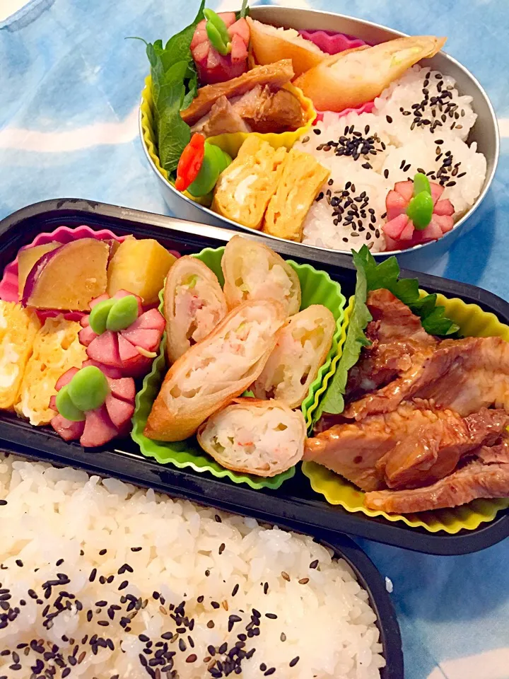 エビ春巻き弁当！ 煮豚 さつまいも甘煮 卵焼き ウィンナー|asamisaraさん