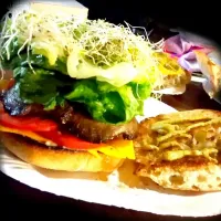 Snapdishの料理写真:vegan sandwich toasted sour dough #ciabatta  #lettuce #tomatoes #friedportabellomushroom #mayo #mustard #alfalfasprout #cayenne #cheddarcheese #avacado|mataji armourさん