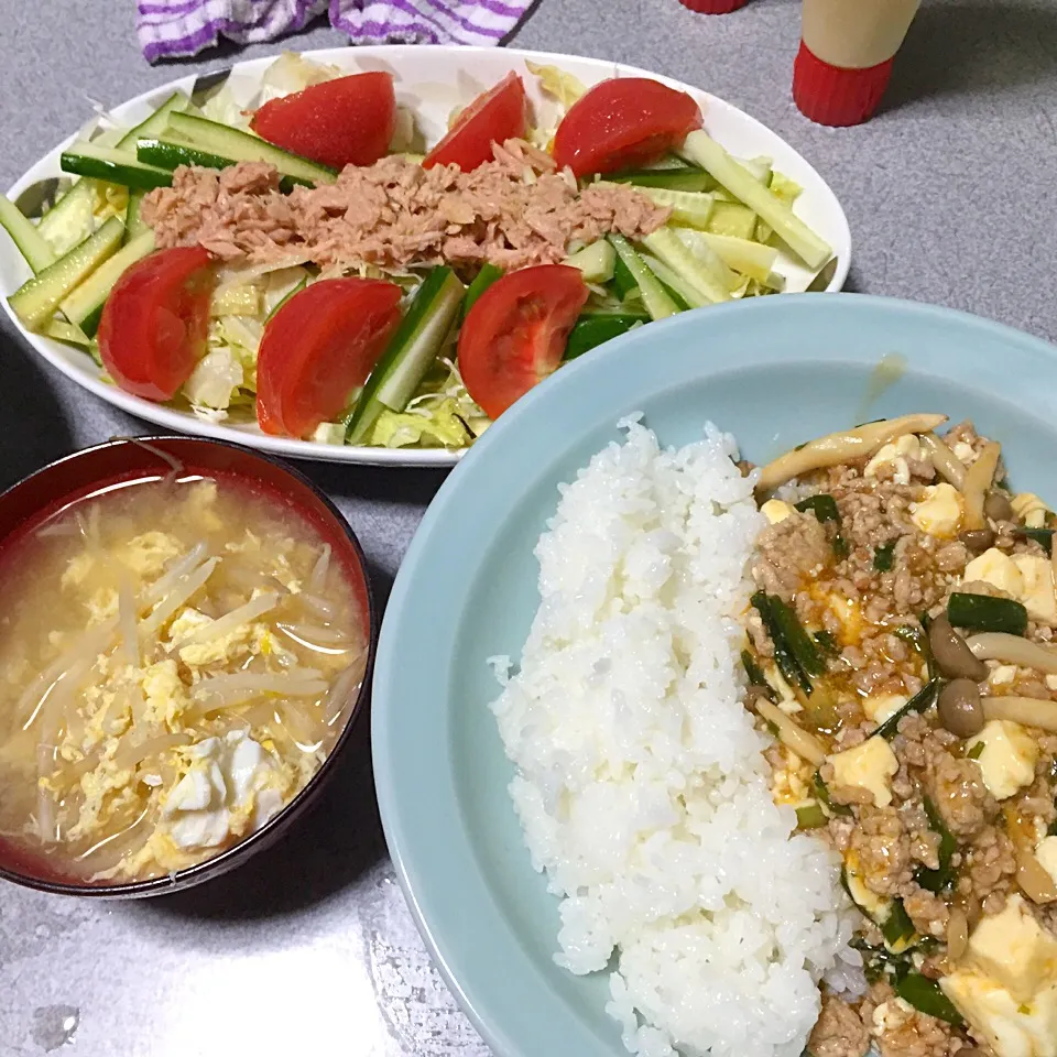 しめじ挽肉麻婆丼、玉子モヤシ味噌汁、サラダ。|ms903さん