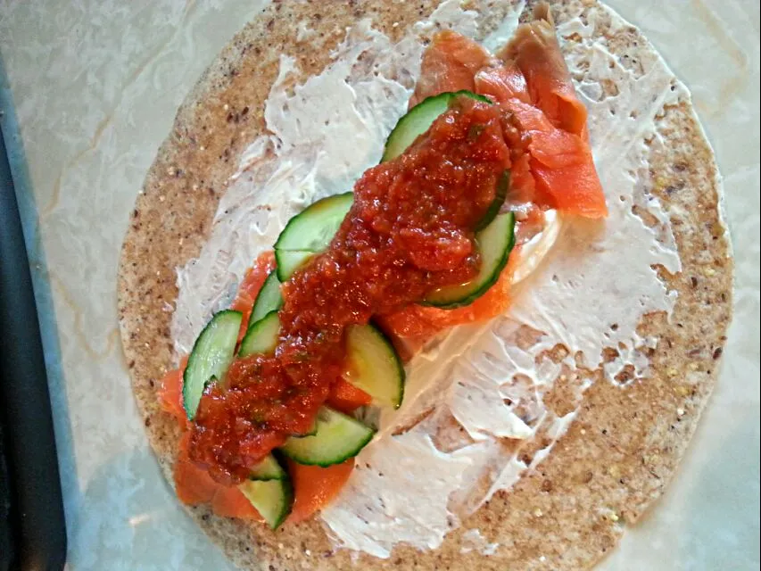 Lunch! Cream cheese, smoked salmon, cucumber and salsa wrap :)|Crystal Lemieuxさん