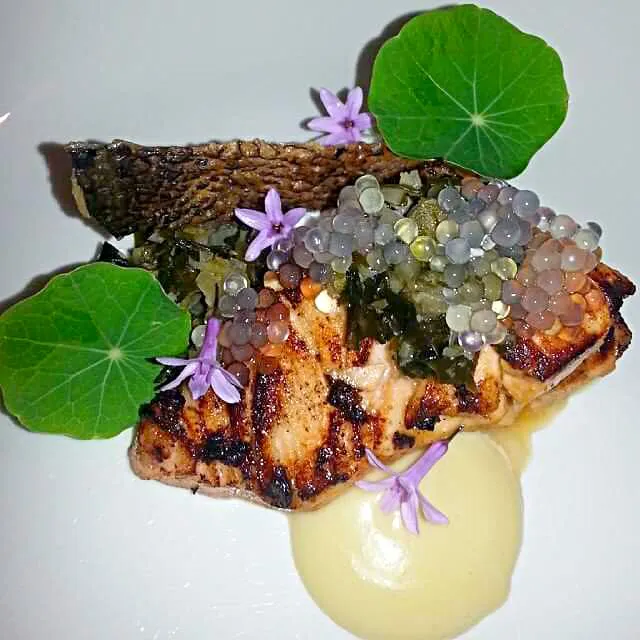 Snapdishの料理写真:Miso marinated Huon salmon, yuzu pearls, miso mayo, persillade, goat's curd.|CHUENCHAIさん