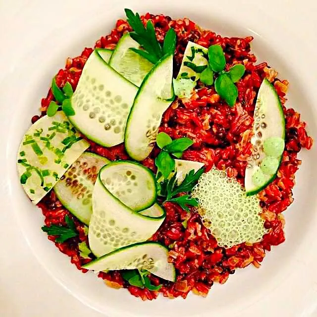 Red rice "megadarra", fried onions, black lentils, herbs tzatziki, cucumbers, Parmesan-basil tuile.|CHUENCHAIさん