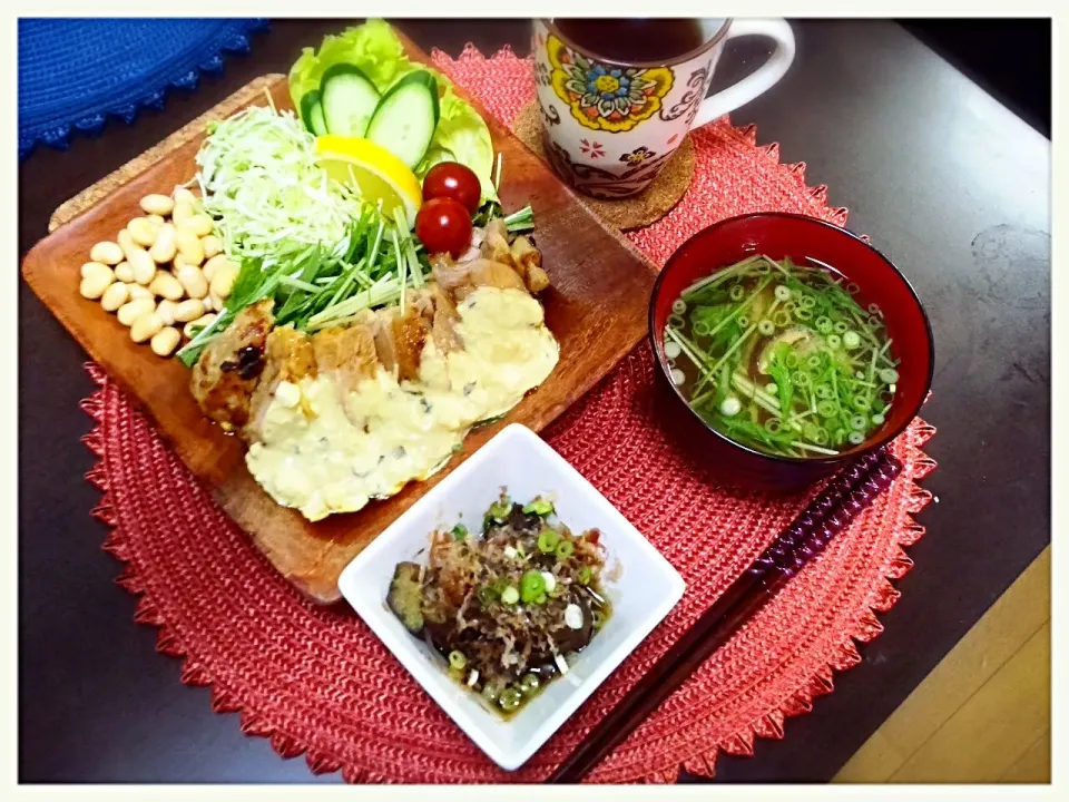 揚げずにチキン南蛮
茄子の煮浸し
水菜のお味噌汁|misaさん