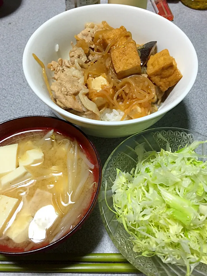 キャベツ、すき焼き丼、豆腐もやし味噌汁|ms903さん