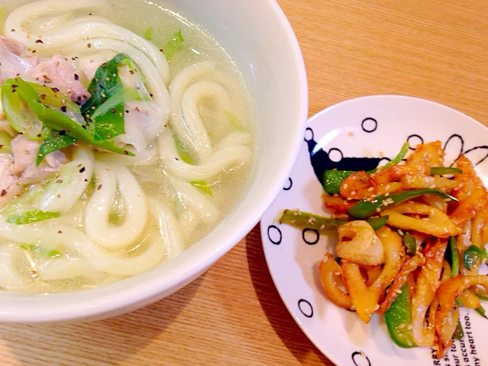 鶏肉と白ネギうどん☆ピーマンちくわ炒め|Yuki Emiさん