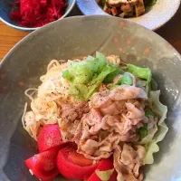 Snapdishの料理写真:豚しゃぶ素麺と鰻ざくの定食|たけさん