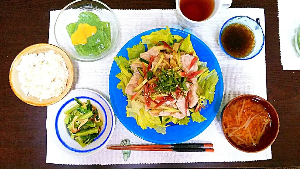 片栗粉で一手間ツルン♪の夏野菜冷しゃぶ定食(*´∀`)♪|pikyuさん